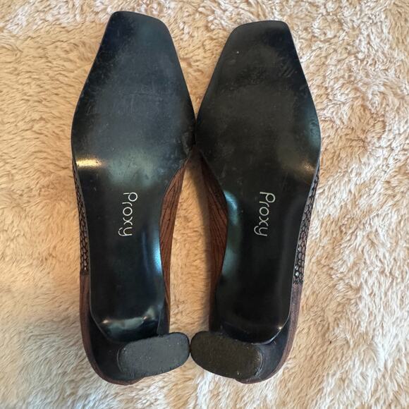 Proxy Women's sz 7 Heels Pumps Made In Spain Brown leather snakeskin square toe - Picture 10 of 10